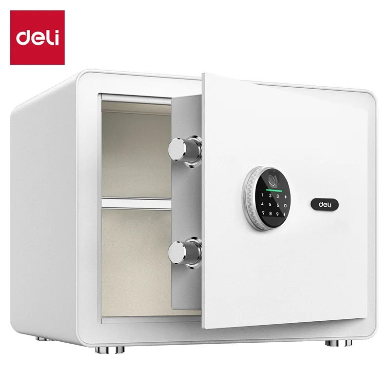 Malaysia Malay female using Deli ET633 large digital safe box in small office with Scanext logo