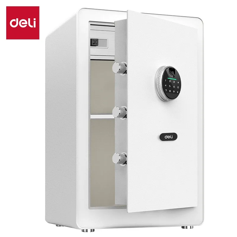 Malaysia Malay female using Deli ET635 extra large digital safe box in small office with Scanext logo