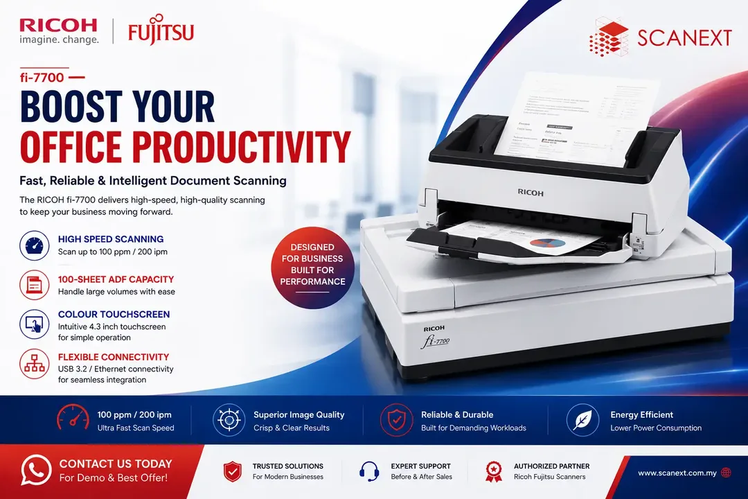 Ricoh fi-7700 heavy-duty A3 production scanner with flatbed and rotating ADF.