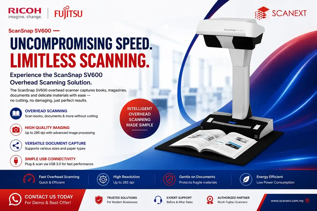 Ricoh ScanSnap SV600 contactless overhead document and book scanner.