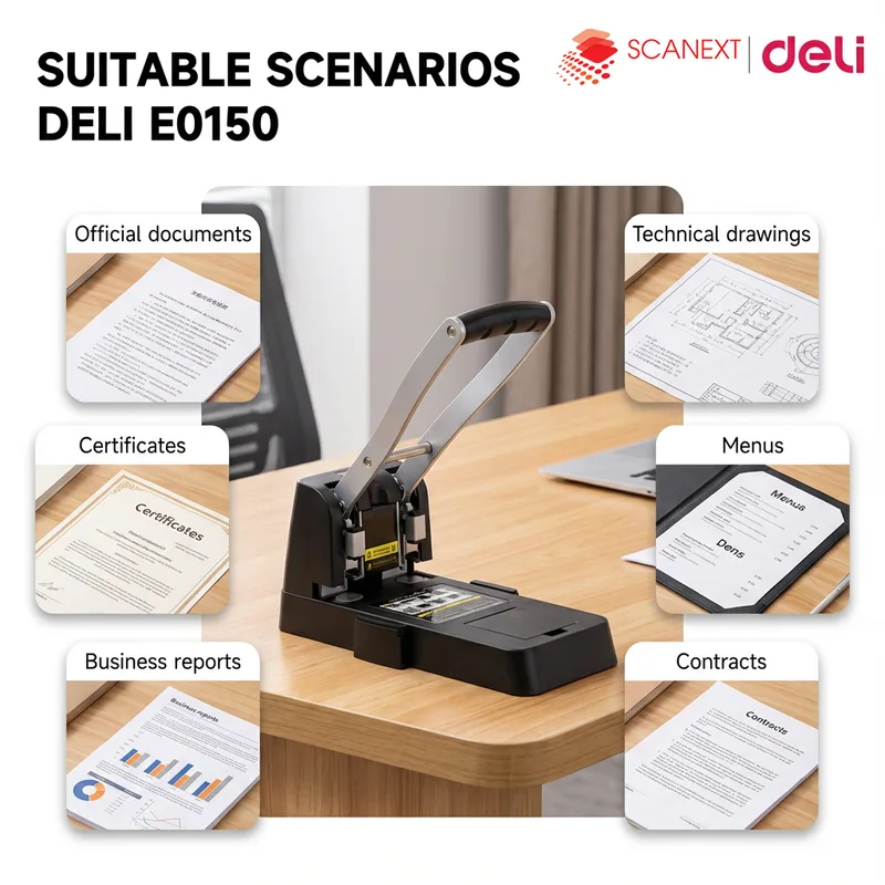 Office punch hole Deli E0150 with Scanext supplier branding