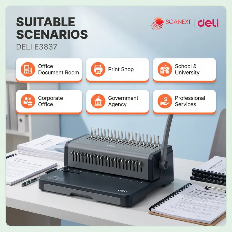 Office document binding machine Deli E3873 with Scanext branding