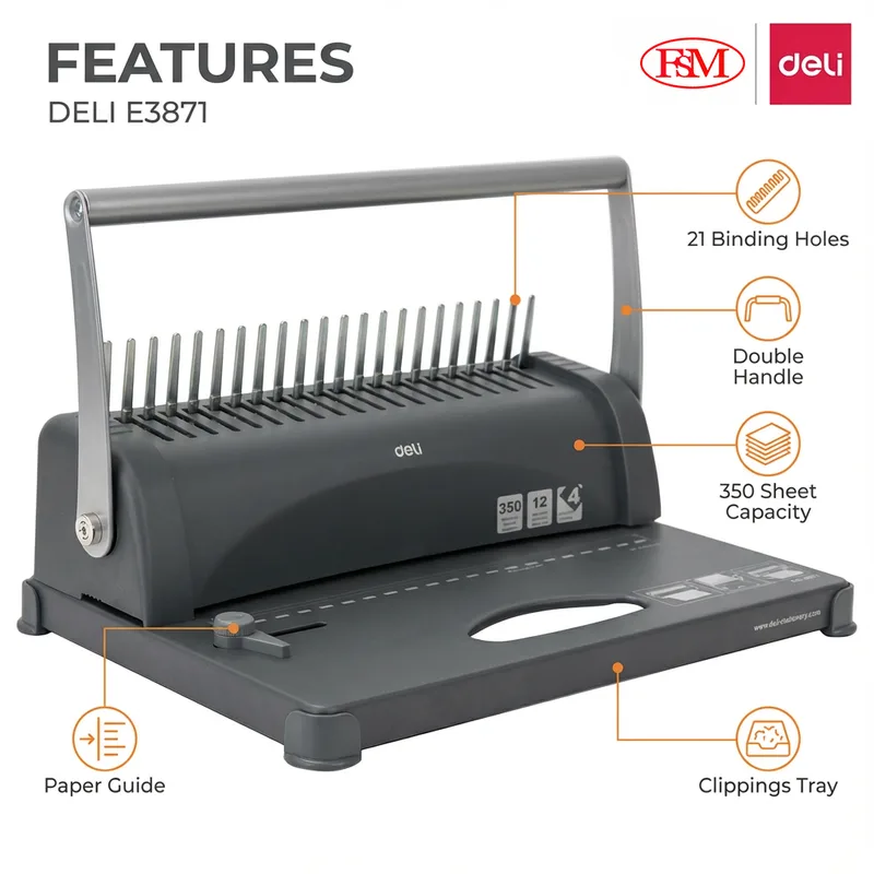 Deli E3871 manual binding machine on office desk