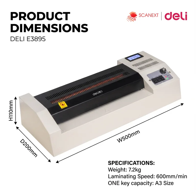 Malay female using Deli E3895-EU laminator in small office Malaysia