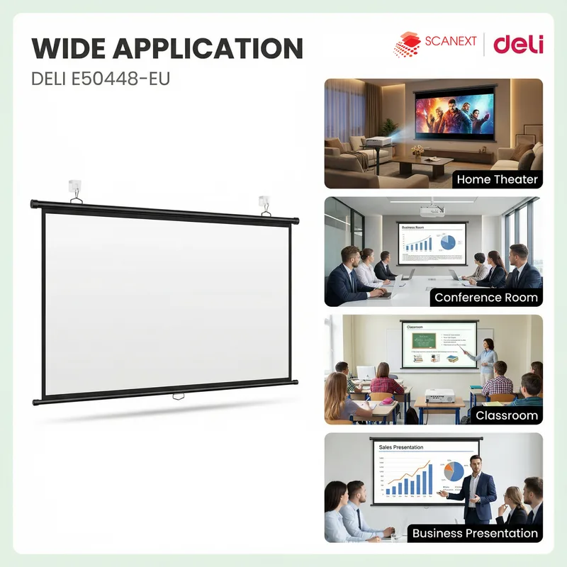Deli E50448-E business projector displaying clear slides in corporate meeting room