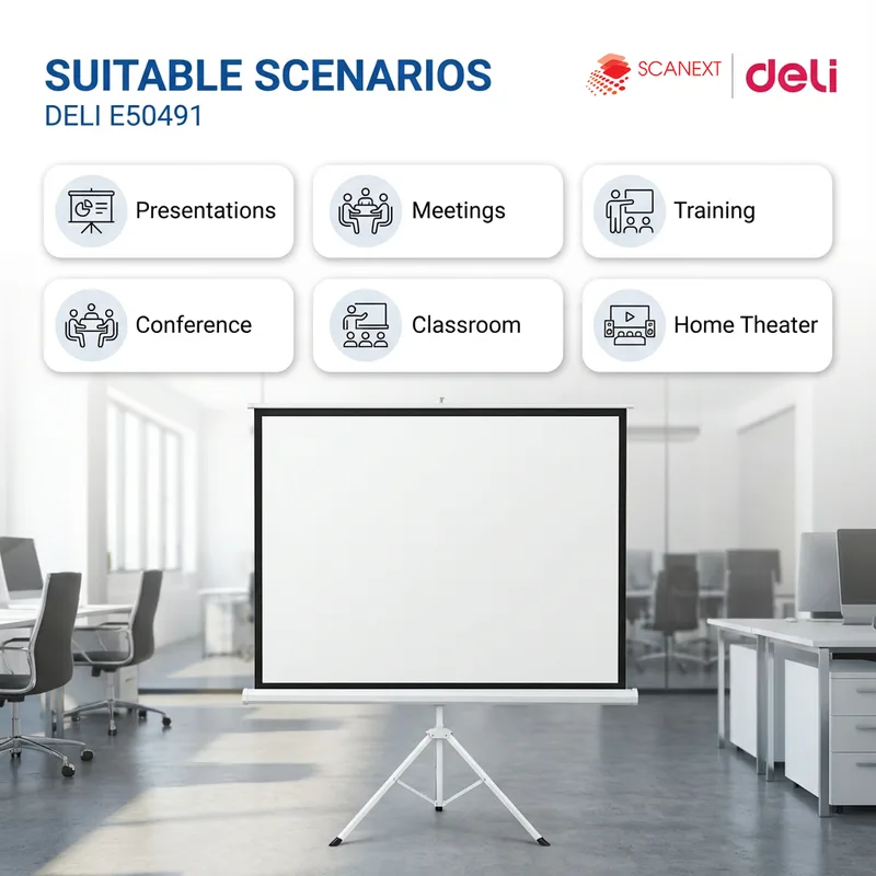 Deli E50491 business projector displaying clear slides in corporate meeting room