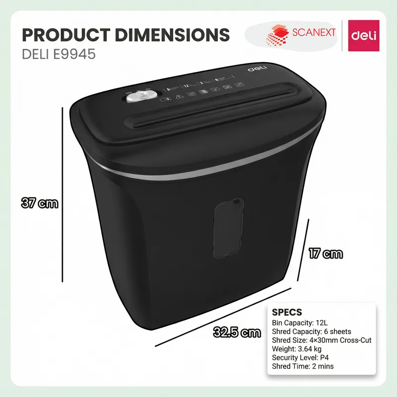 Malaysia Malay female using Deli E9945 paper shredder in small office with Scanext logo