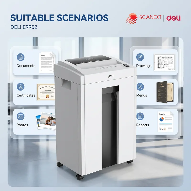 Small office setup with Deli E9952 paper shredder and Scanext logo Malaysia