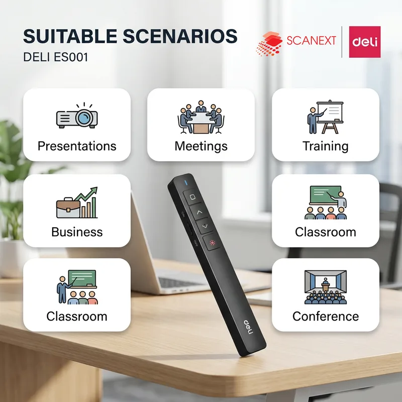 Office presentation setup with Deli ES001 laser pointer supplied by Scanext Malaysia