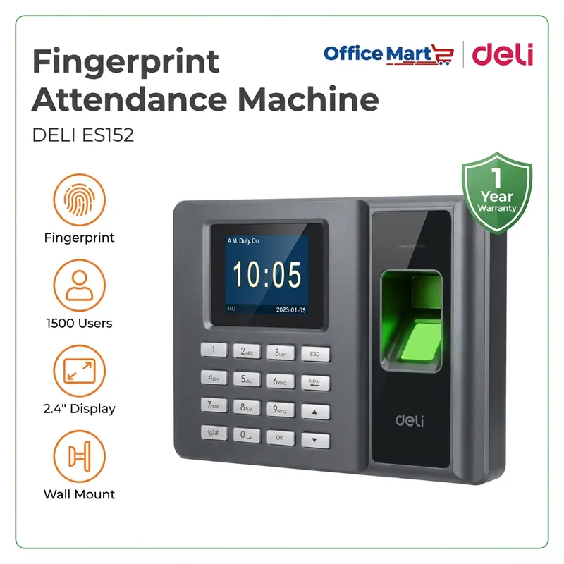 Malay female using Deli ES152 fingerprint attendance machine in small office