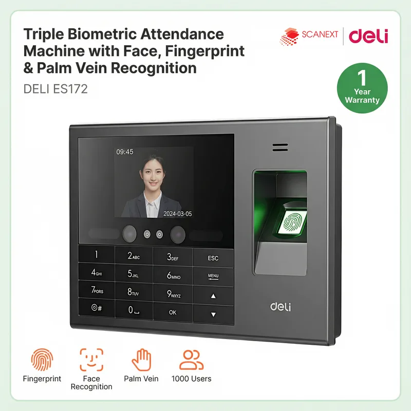 Malay female using Deli ES172 fingerprint attendance machine in small office