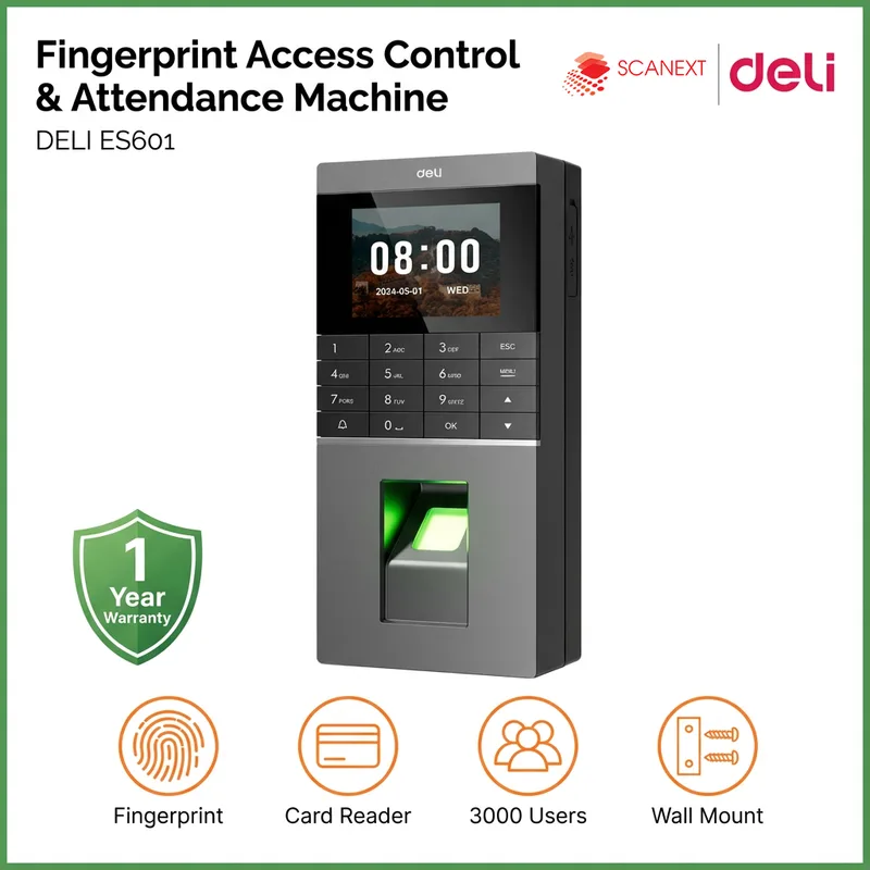 Staff using Deli ES601 fingerprint attendance machine in small office