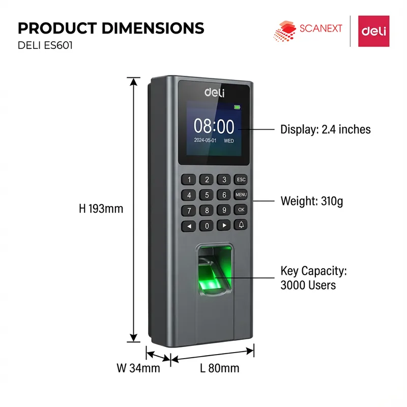 Deli ES601 biometric fingerprint attendance system installed in office