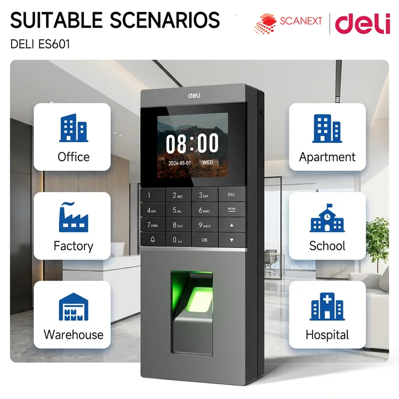 Office fingerprint attendance machine Deli ES601 with Scanext branding