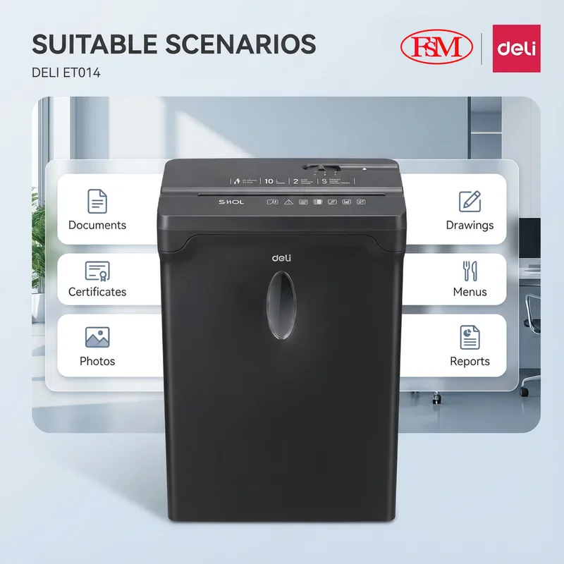 Deli ET014 paper shredder used in small office environment