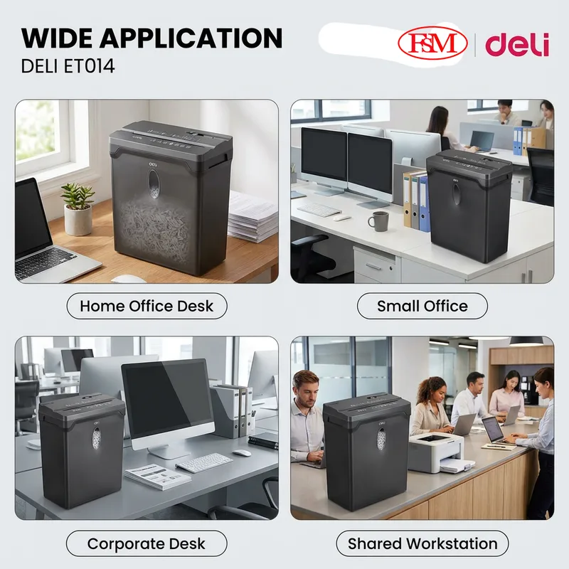 Deli ET014 compact paper shredder on office desk Malaysia