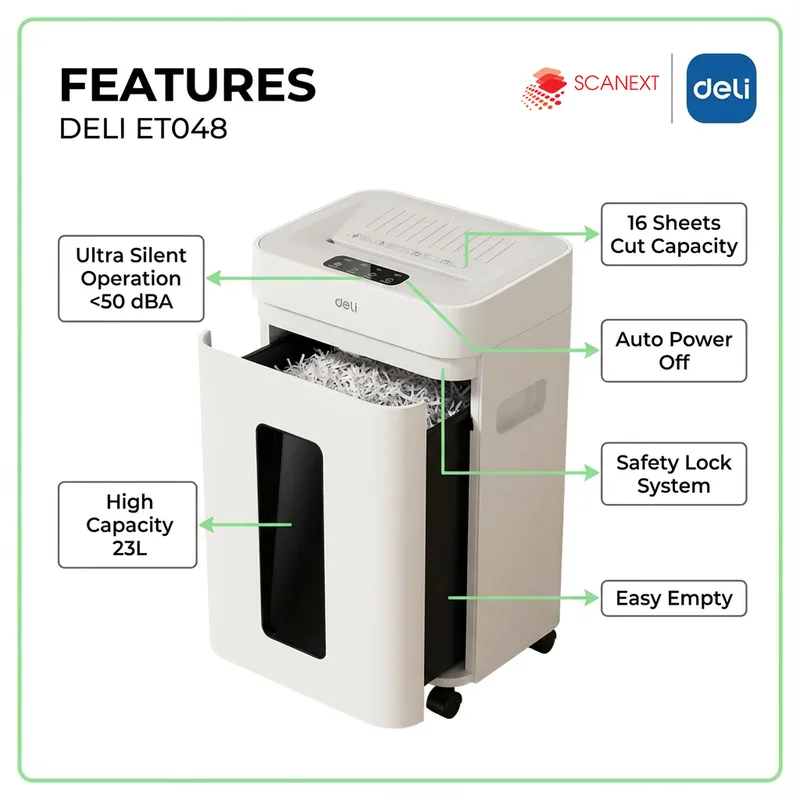 Deli ET048 office paper shredder with Scanext branding