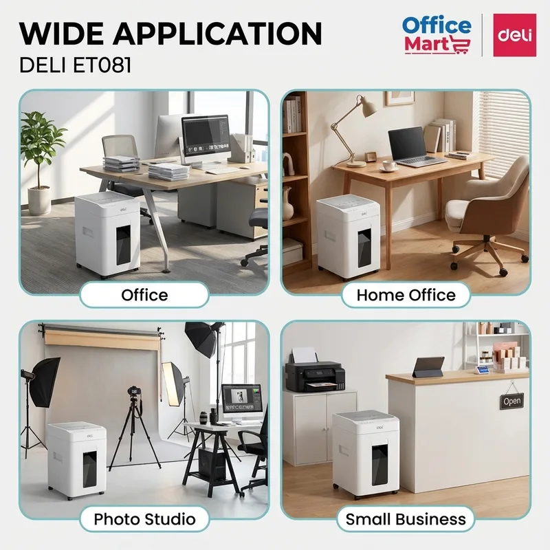Professional office setup with Deli ET081 paper shredder and WhatsApp contact button