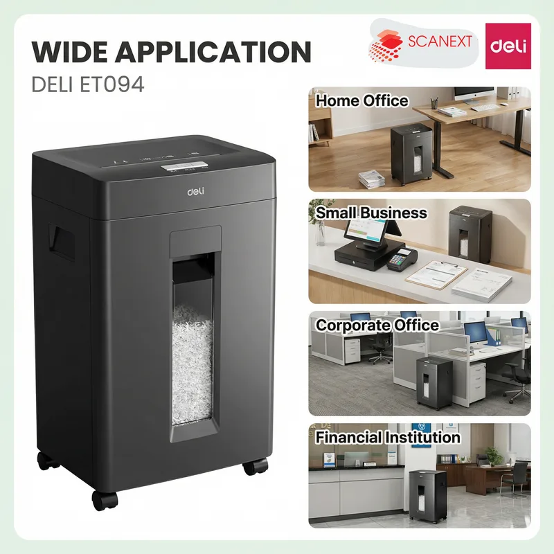 Malaysia Malay female using Deli ET022 paper shredder in small office with Scanext logo