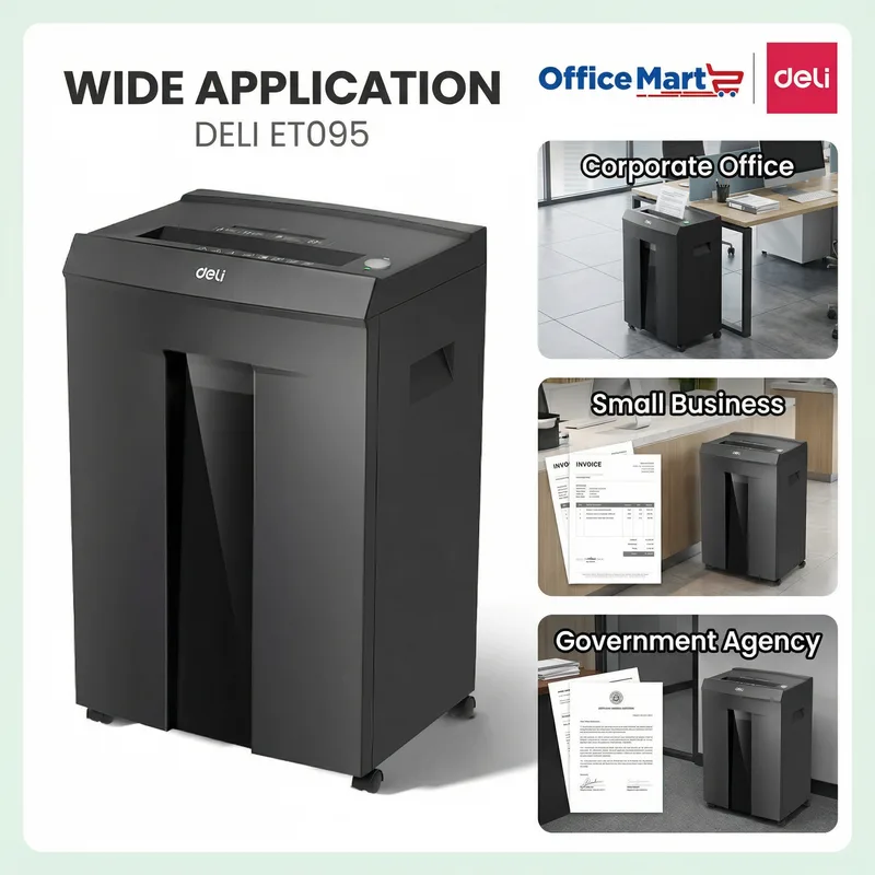 Professional office setup with Deli ET095 paper shredder and WhatsApp contact button