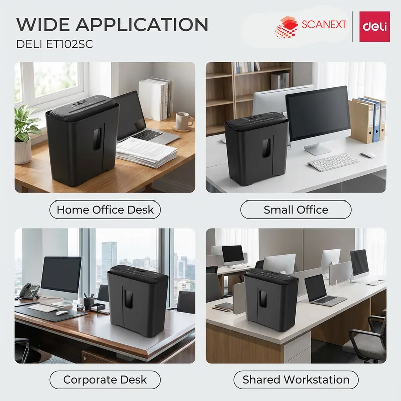 Professional office setup with Deli ET102SC paper shredder and WhatsApp contact button