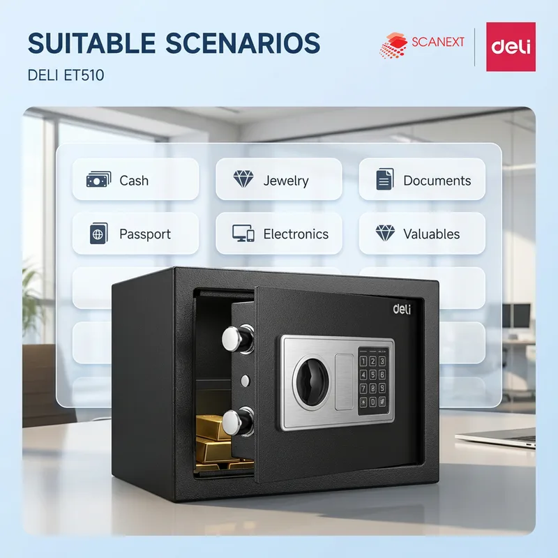 Office valuables secured using Deli ET510 safe box supplied by Scanext Malaysia