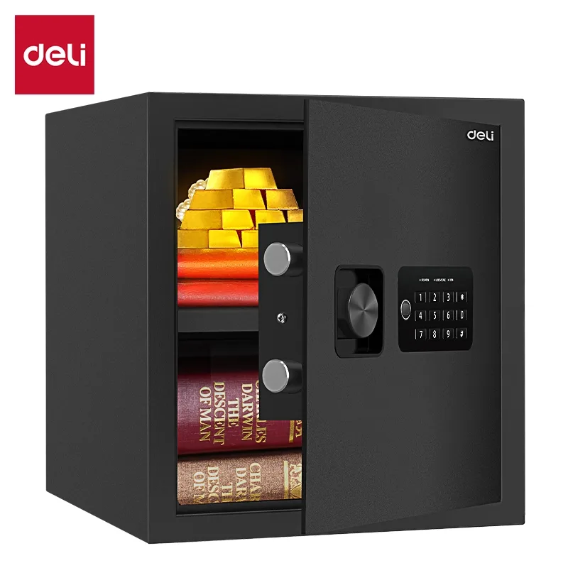 Malaysia Malay female using Deli ET533 digital safe box in small office with Scanext logo