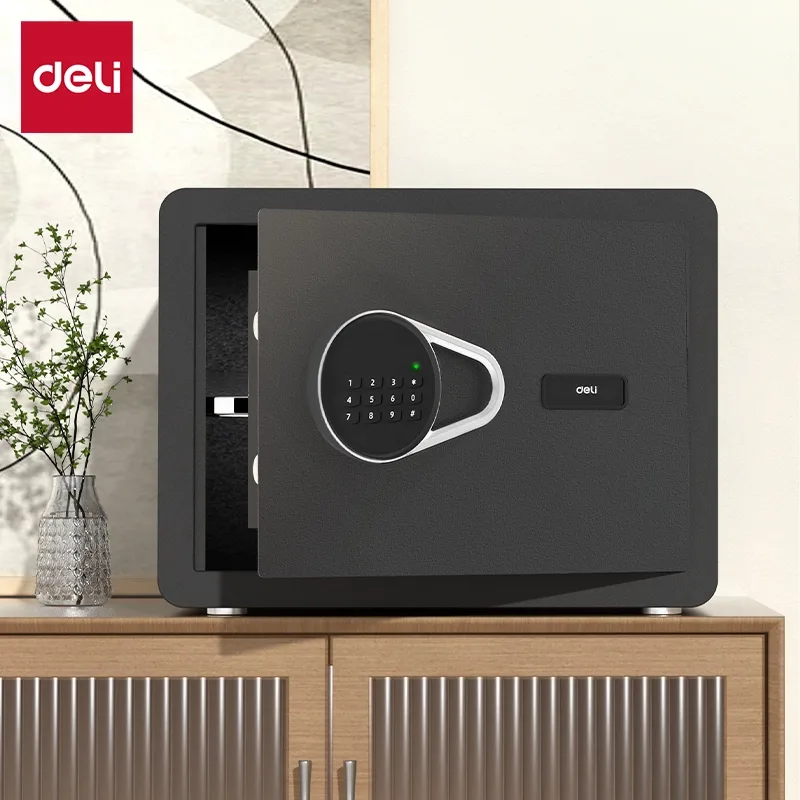 Malaysia Malay female using Deli ET540 digital safe box in small office with Scanext logo
