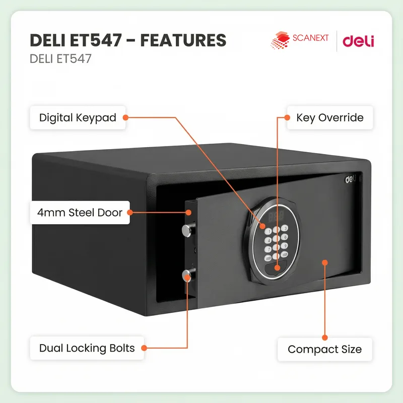 Professional office setup with Deli ET547 safe box and WhatsApp contact button