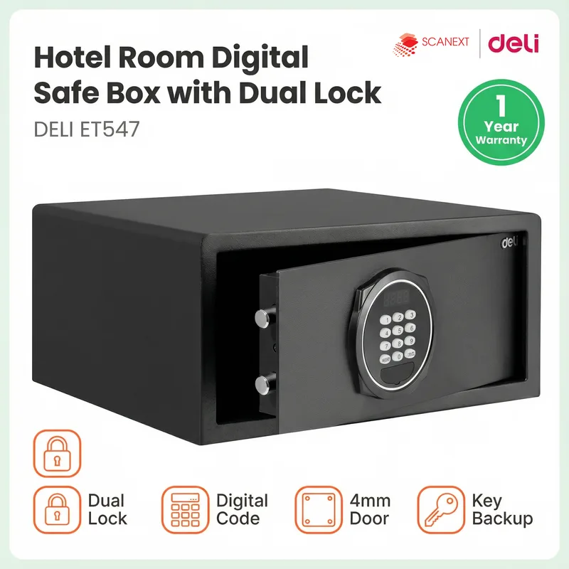 Fire-resistant Deli ET547 safe box placed in Kuala Lumpur office environment
