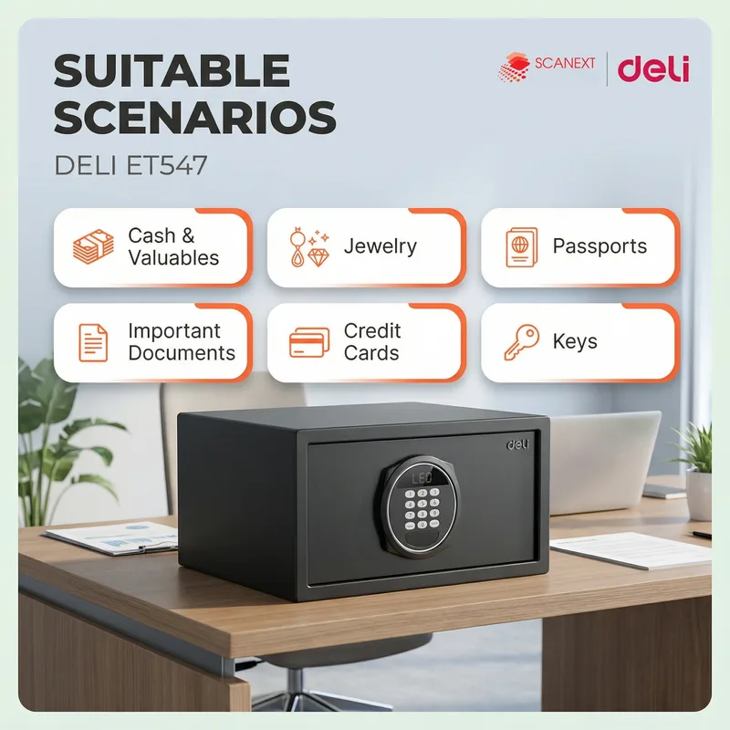 Office valuables protected using Deli ET547 safe box supplied by Scanext Malaysia