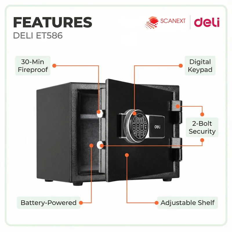 Professional office setup with Deli ET586 safe box and WhatsApp contact button
