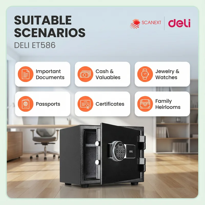 Office valuables secured using Deli ET586 safe box supplied by Scanext Malaysia