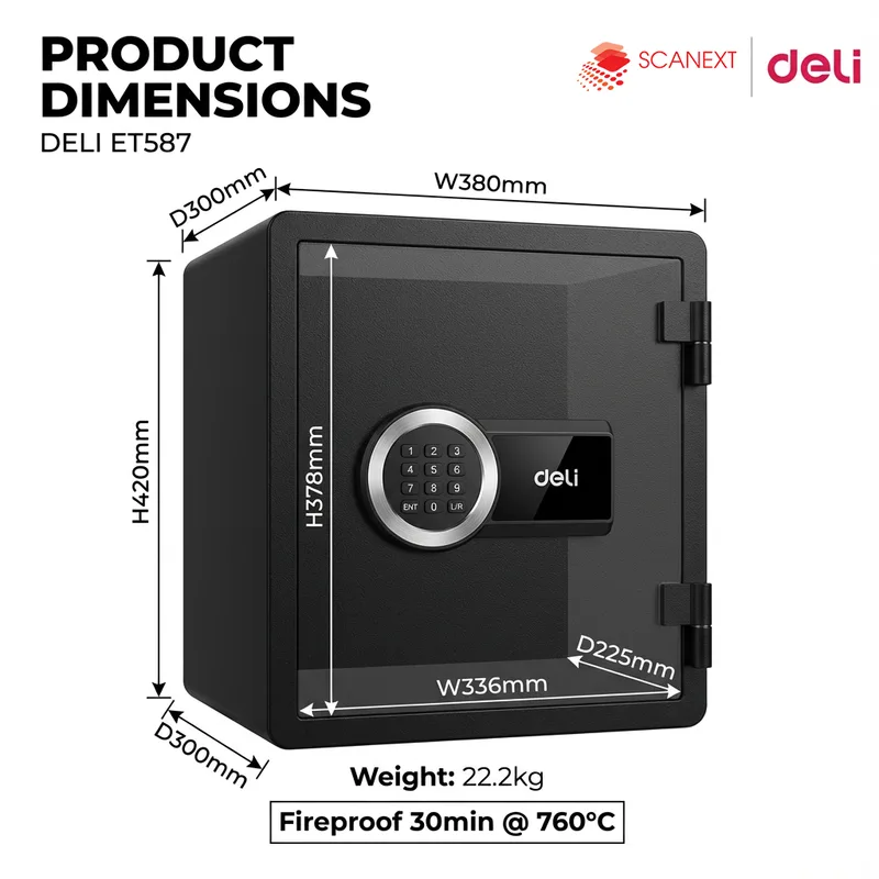 Fire-resistant Deli ET587 safe box placed in Kuala Lumpur office environment