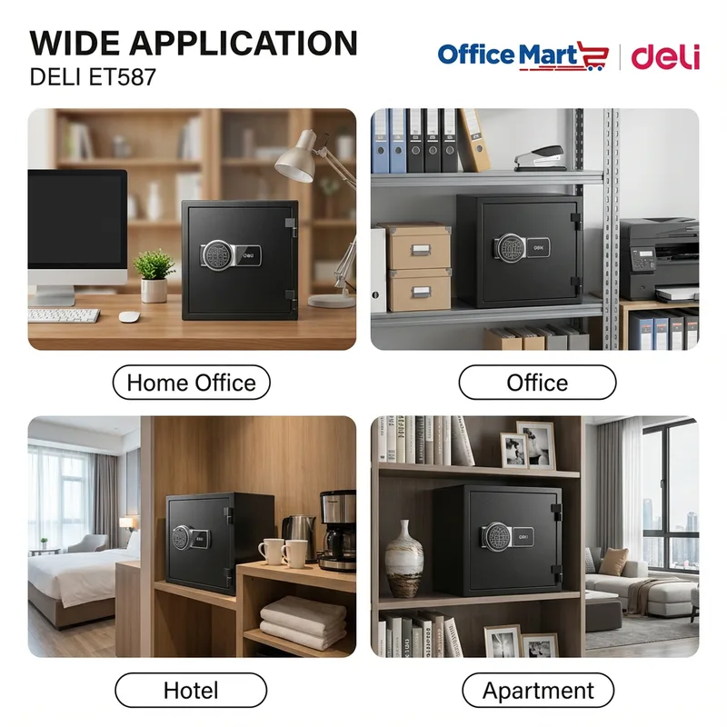 Professional office setup with Deli ET587 safe box and WhatsApp contact button