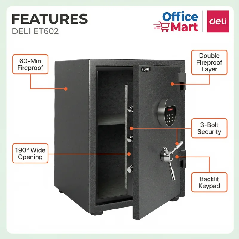 Professional office setup with Deli ET602 safe box and WhatsApp contact button