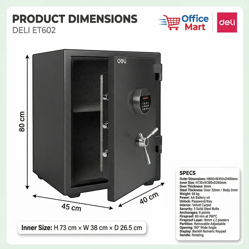 Fire-resistant Deli ET602 safe box placed in Kuala Lumpur office environment