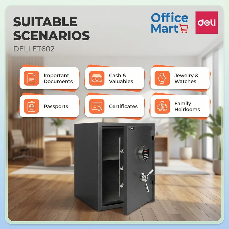 Office valuables protected using Deli ET602 safe box supplied by Scanext Malaysia