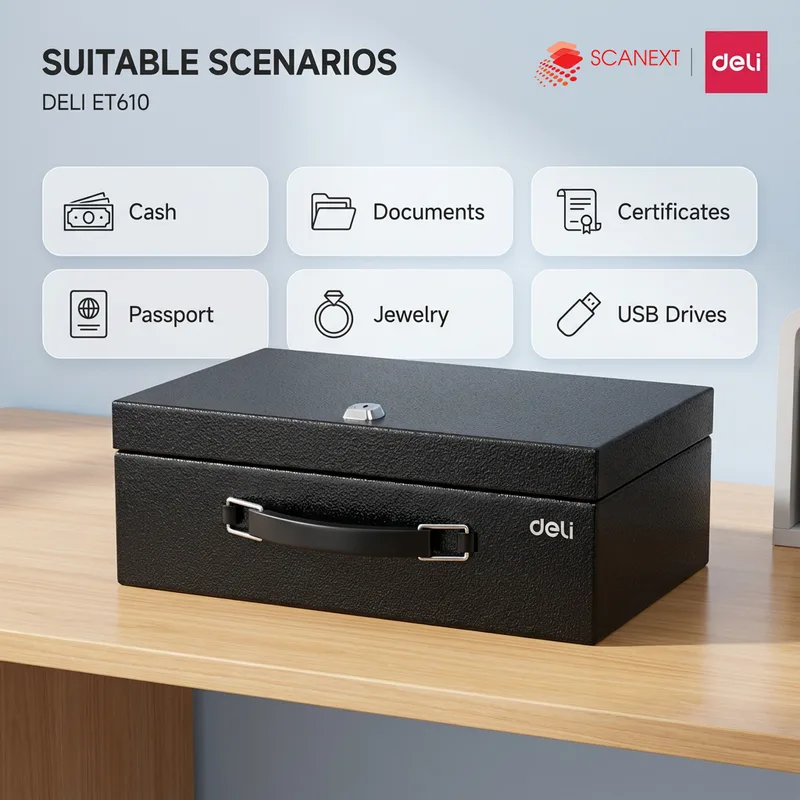 Office valuables protected using Deli ET610 safe box supplied by Scanext Malaysia