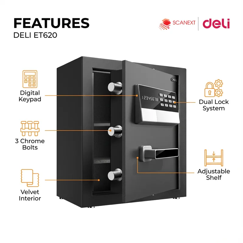 Small office setup featuring Deli ET620 safe box with WhatsApp contact button