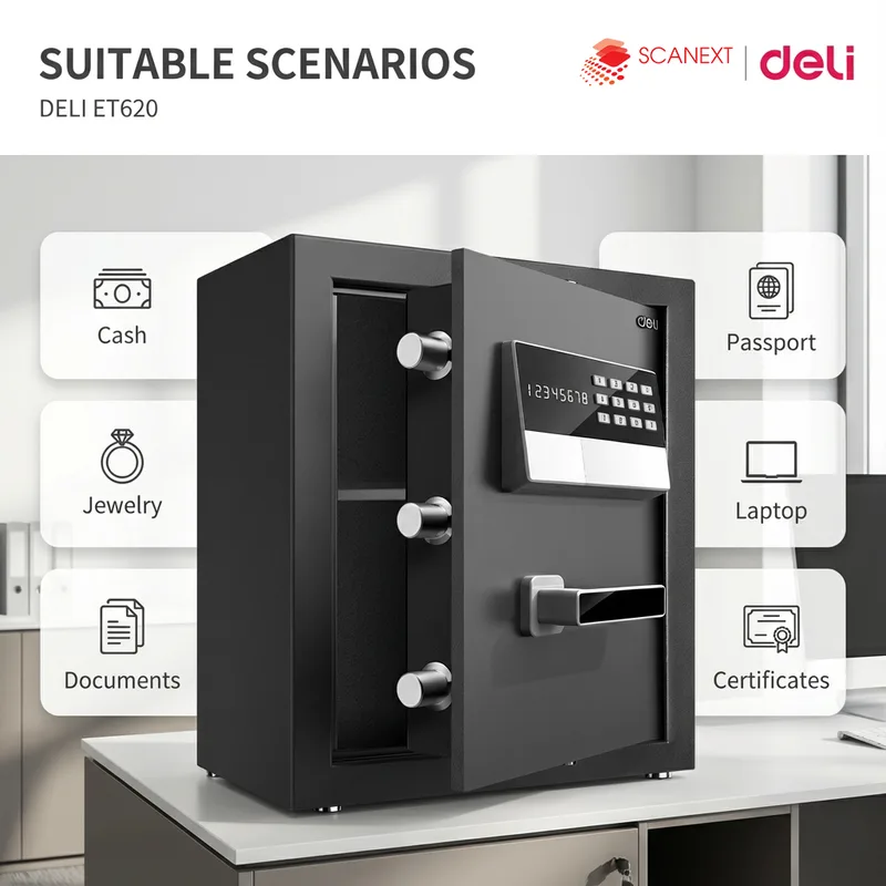 Office valuables protected using Deli ET620 safe box supplied by Scanext Malaysia