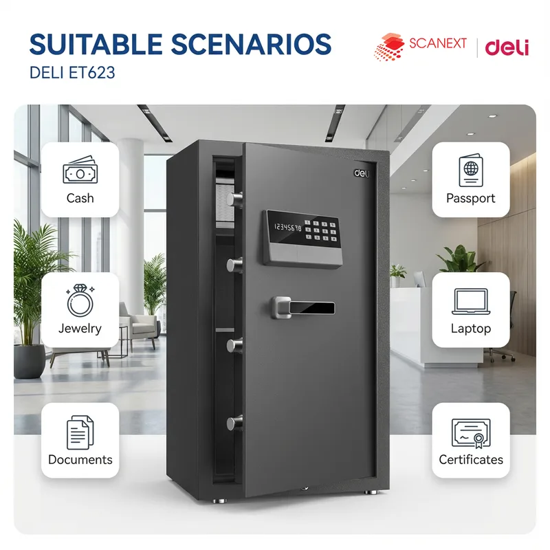 Office valuables protected using Deli ET623 safe box supplied by Scanext Malaysia