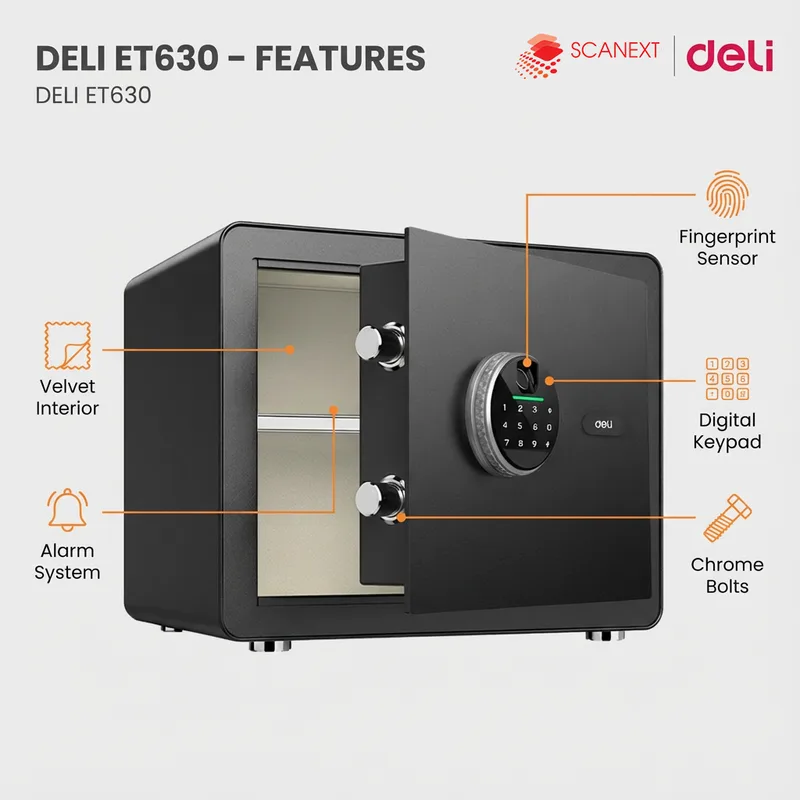 Modern office setup featuring Deli ET630 safe box with WhatsApp contact button