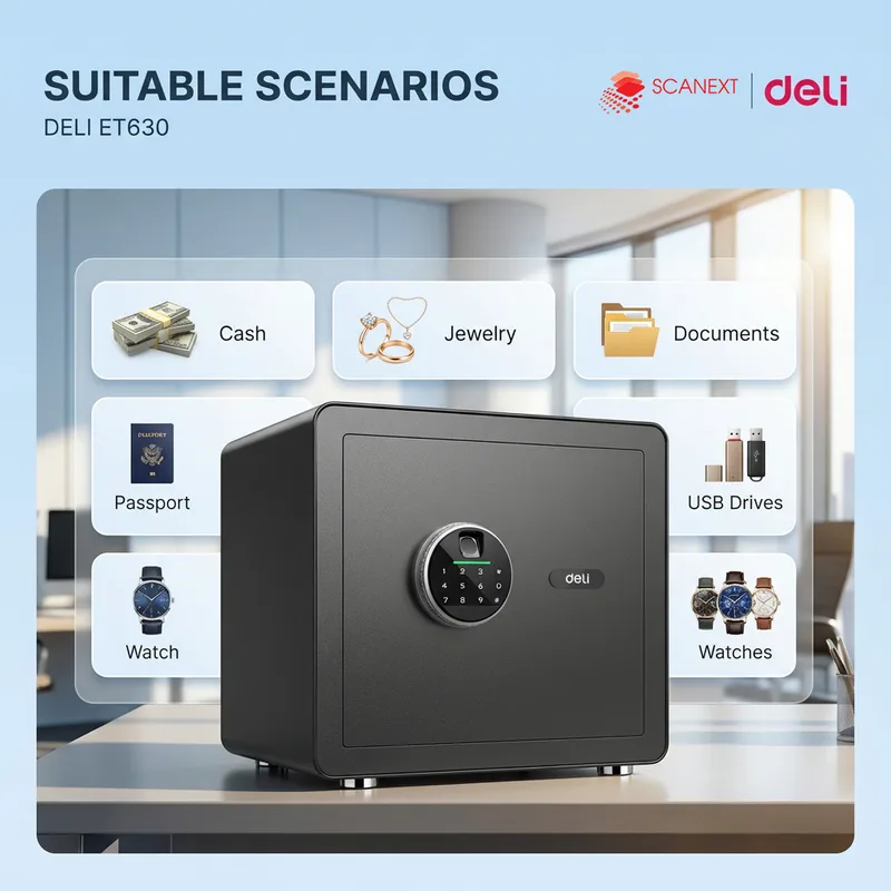 Office valuables securely stored in Deli ET630 safe box supplied by Scanext Malaysia