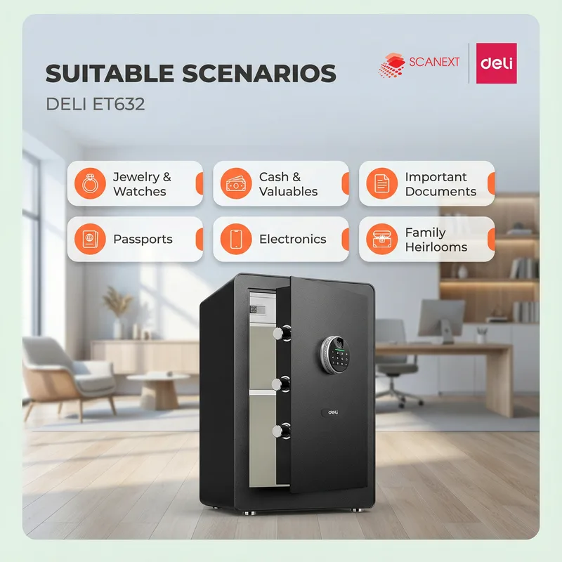 Office documents and valuables secured with Deli ET632 safe box supplied by Scanext Malaysia