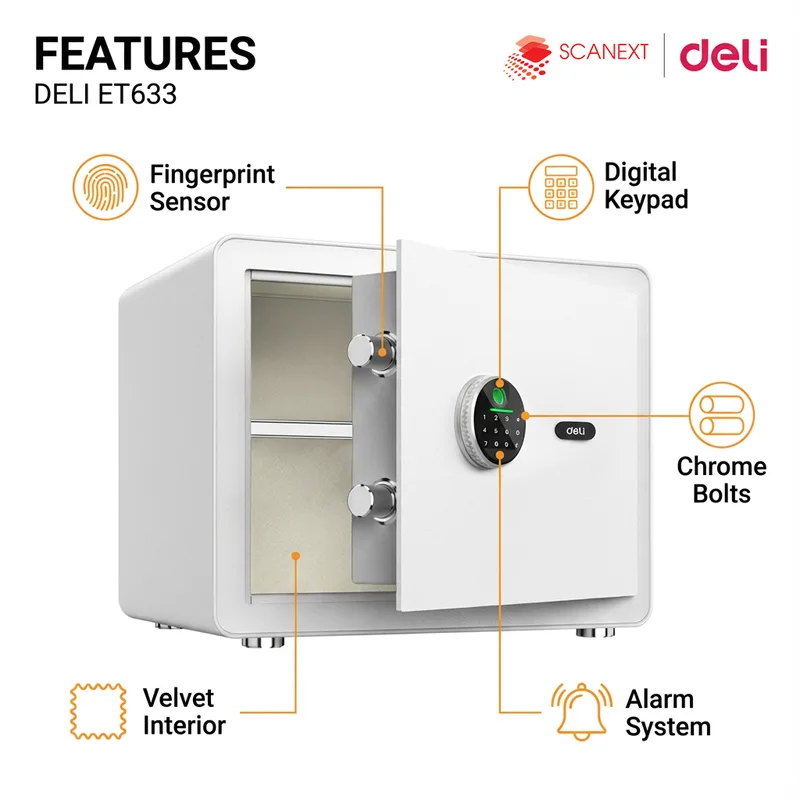 Deli ET633 digital safe box with Scanext branding for Malaysia office and institutional buyers