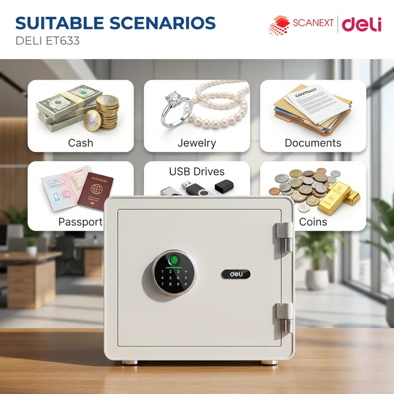 Small office setup featuring Deli ET633 digital safe box with WhatsApp contact button