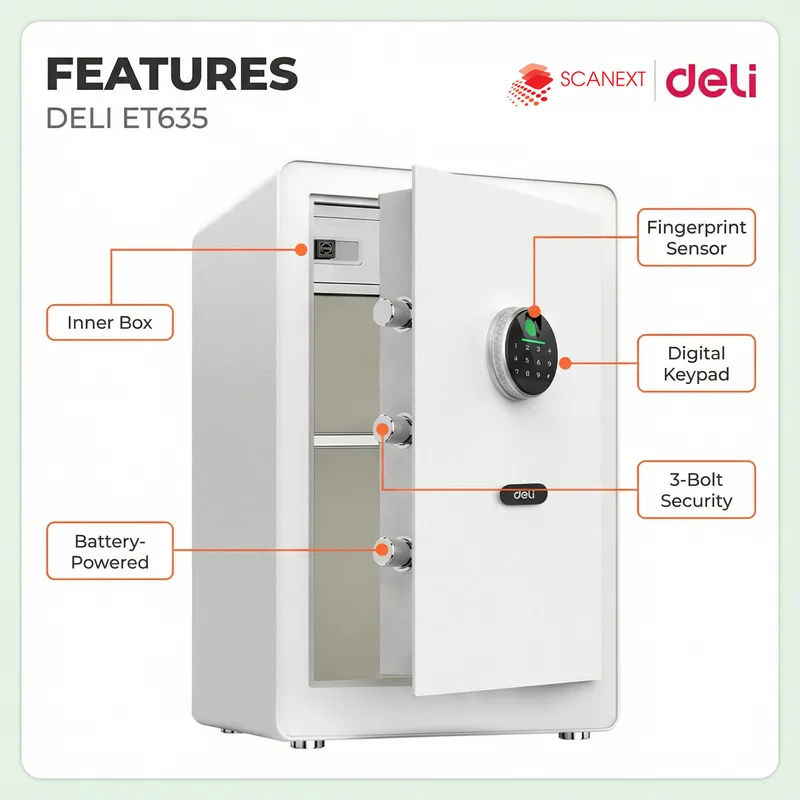 Deli ET635 digital safe box with Scanext branding for Malaysia office and institutional buyers