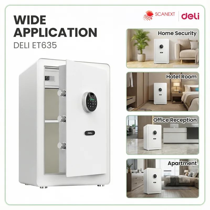 Small office setup featuring Deli ET635 digital safe box with WhatsApp contact button
