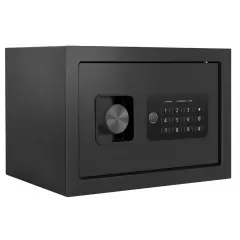 Malaysia Malay female using Deli ET530 digital safe box in small office with Scanext logo